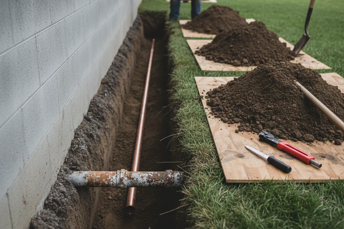 Excavated water line trench during Water Heater Repair in Atlanta